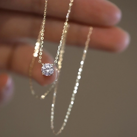 Collar Con Colgante De Solitario Plata De Ley 925 Bañado En Oro De 14K Circonita Cúbica Redonda Cadena Elegante Mujer