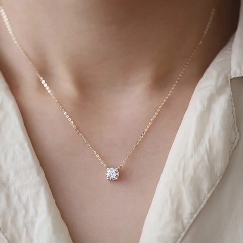 Collar Con Colgante De Solitario Plata De Ley 925 Bañado En Oro De 14K Circonita Cúbica Redonda Cadena Elegante Mujer