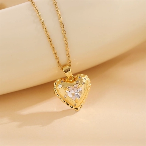 Herz Anhänger Halskette 18K Vergoldet Edelstahl Kupfer Zirkonia Eleganter Schmuck Für Damen