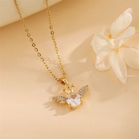 Engel Flügel Krone Anhänger Halskette Edelstahl Kette Kupfer Eingelegt Zirkon Elegante Schmuck Für Damen