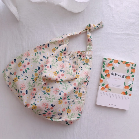 Sac Cabas Femme En Coton À Fleurs Sac À Épaule Souple Léger Avec Bandoulière À Nœud Style Japonais Chic