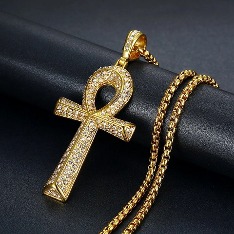 Egyptian Ankh Key Pendant Necklace Stainless Steel Iced Out Rhinestone Hip Hop Jewelry For Men Women