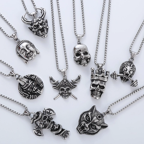 Men 304 Stainless Steel Pendant Necklace Skull Buddha Head Lion Cross Snake Punk Gothic Hip Hop Jewelry Accessory
