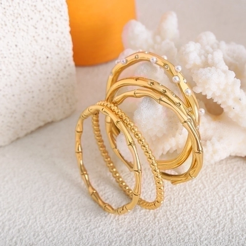 Vintage Bangle Armband Titanium Staal PVD 18K Verguld Bamboe Kunstparel Zirkoon Ster Open Manchet Sieraden Voor Dames