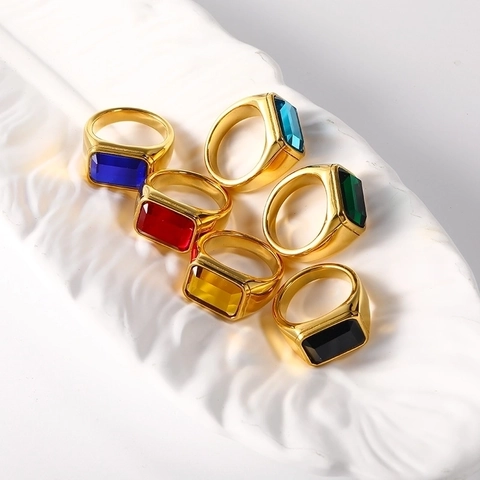 Minimalistischer Ring Aus Titanstahl Vergoldet Für Damen Mode Geometrisch Quadratischer Bunter Strass Fingerring Schmuck Geschenk