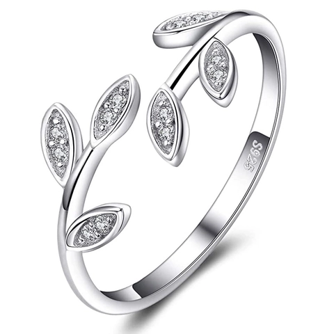 925 Sterling Silver Olive Branch Leaf Open Adjustable Ring Zircon Inlaid Elegant Nature Style Jewelry For Women