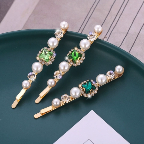Fermagli Per Capelli Vintage Strass Verde Smeraldo Perla Artificial Sintetica Lega Dorata Forcine Retrò Geometriche Per Donne
