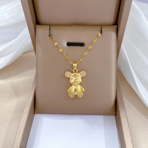 Collana Con Ciondolo A Forma Di Orso Dorato Catena In Acciaio Al Titanio Rame Micro Pavè Strass Elegante Da Donna
