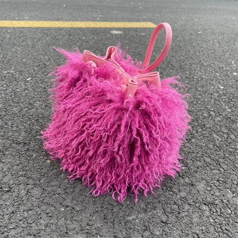 Bolso De Cubo De Piel Sintética Peluche Con Cordón Bolso De Mano Con Cadena Desmontable Estilo Y2K