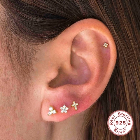 925 Sterling Silver Cross Stud Earrings For Women With Zircon Rhinestone Minimalist Mini Piercing Jewelry