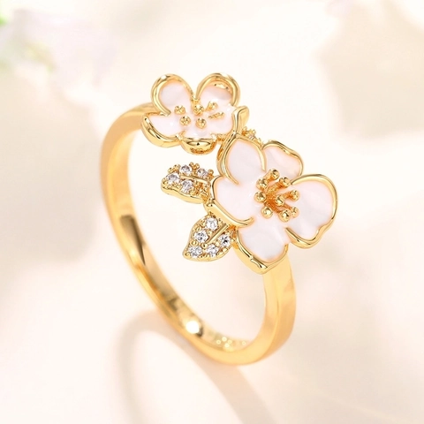 Elegant White Enamel Camellia Flower Ring For Women Sweet Copper Zirconia Floral Adjustable Finger Ring Jewelry Gift