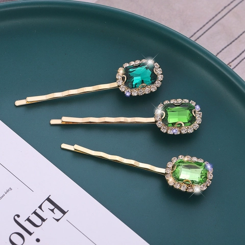 Vintage Grün Kristall Strass Haarspange Elegant Golden Metall Entenschnabel-Clip Minimalistisch Geometrisch Seitenclip Damen Kopfschmuck Schmuck Geschenk
