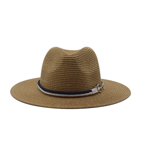 Woven Straw Fedora Hat Wide Brim Sun Protection Beach Vacation Nautical Rope Silver Anchor Star Decor Unisex