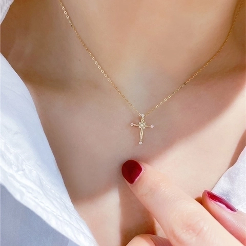 Cross Pendant Necklace 925 Sterling Silver 14K Gold Plated Sparkling Zircon French Retro Jewelry For Women