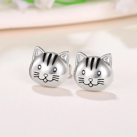 Pendientes de Botón con Cabeza de Gato de Dibujos Animados Cobre Galvanizado Con Poste de Plata de Ley 925 para Mujer Regalo
