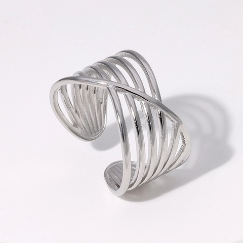Minimalist Stainless Steel Adjustable Ring Geometric Multi Layer Overlapping Line Open Finger Jewelry For Women