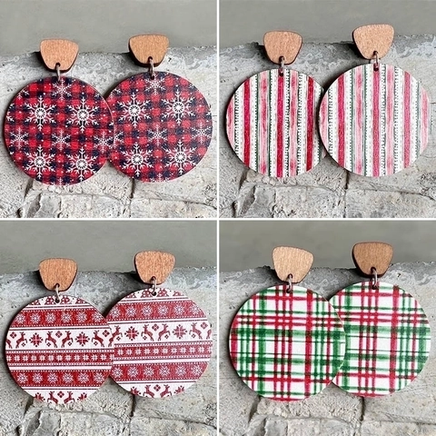 Boucles D'oreilles Pendantes En Bois De Noël Rondes Géométriques À Carreaux Flocon De Neige Renne Vacances Hiver Style Bohème Nordique Pour Femmes