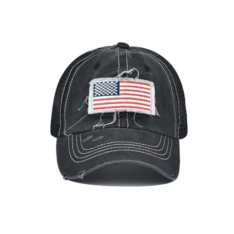 Dames Paardenstaart Baseballpet Distressed Gewassen Katoen Mesh Trucker Hoed Amerikaanse Vlag Patch Verstelbaar Vintage Zonnehoed