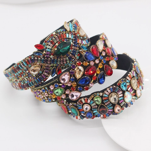 Baroque Luxury Headband Colorful Rhinestones Crystals Retro Wide Brim Hair Accessory Women Party Wedding