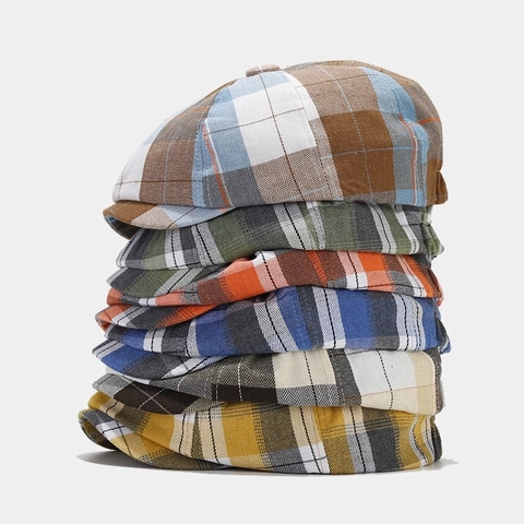 Casquette Newsboy à Carreaux Britannique Rétro pour Hommes Femmes Chapeau Octogonal en Coton Classique Béret de Peintre Vintage
