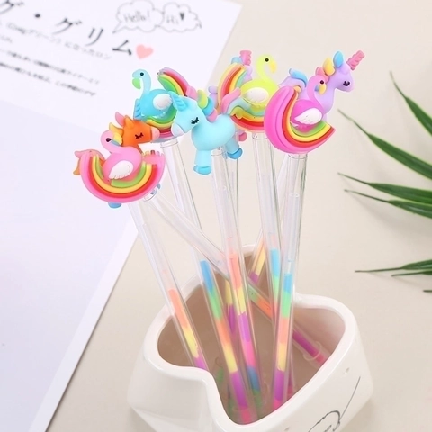 Cartoon Unicorn Swan Rainbow Gel Pens Multi Color Ink Transparent Plastic Writing Stationery Students Kids Office Toppers