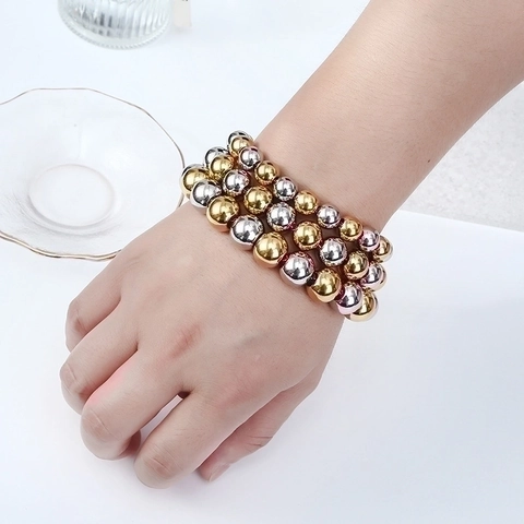 Herren Perlenarmband Edelstahl Gold Silber Bi-Color Runde Metallperlen Poliert Wasserdicht Verstellbar Modeschmuck