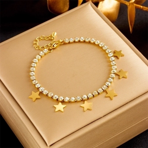 Bracciale Tennis con Ciondolo a Stella in Acciaio al Titanio per Donna Braccialetto con Charms in Strass Placcato Oro Gioielli