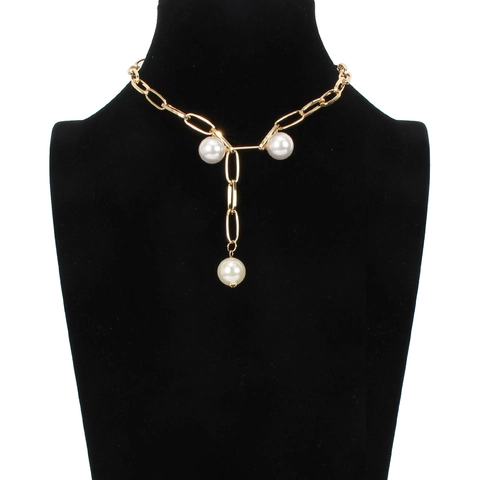 Collier Künstliche Perle Élégant En Forme De Y Alliage Or Chaîne À Maillons Rectangulaires Bijoux De Clavicule Réglables Pour Femmes