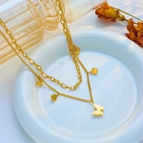 Layered Necklace Stainless Steel Butterfly Pendant Turquoise Bead Gold Color Bohemian Style Jewelry For Women