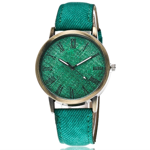 Orologio al Quarzo Vintage Con Cinturino in Ecopelle Texture Denim Cassa in Lega di Bronzo Numeri Romani Orologio Casual per Uomo Donna