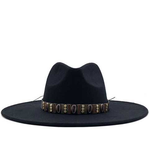 Wide Brim Woolen Fedora Hat With Bohemian Ethnic Band C-crown Jazz Cap For Women Men Fall Winter Fashion Accessories