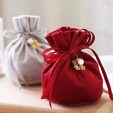 Velvet Gift Bag Drawstring Pouch Wedding Favor Candy Jewelry Storage With Artificial Pearl Double Xi Pendant Chinese Style