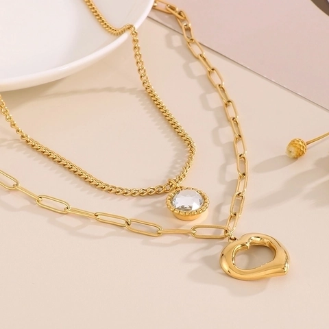 Double Layer Stainless Steel Necklace Heart Cutout Pendant Paperclip Chain Round Crystal Charm Chic Layered Jewelry