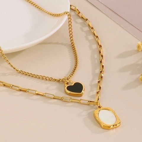 Layered Necklace Stainless Steel Heart And Square Shell Pendant Vintage Stacked Collarbone Chain For Women