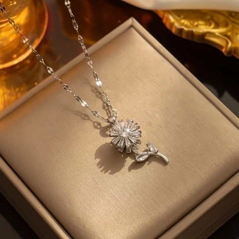 Mode Titaniumstaal Draaibaar Zonnebloem Hanger Ketting Voor Vrouwen Goud Zilver Verguld Strass Ingelegd Sieraden