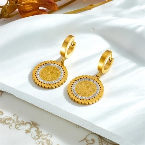 Retro Coin Portrait Dangle Earrings Gold Stainless Steel With White Rhinestones Vintage Jewelry For Women