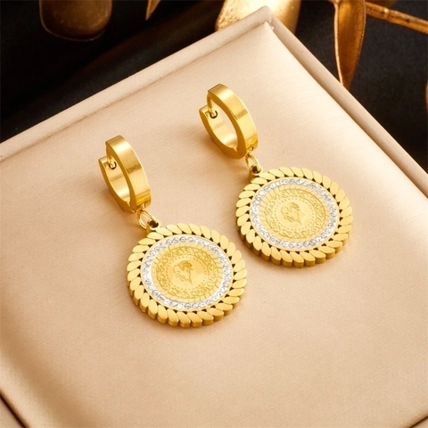 Retro Coin Portrait Dangle Earrings Gold Stainless Steel With White Rhinestones Vintage Jewelry For Women