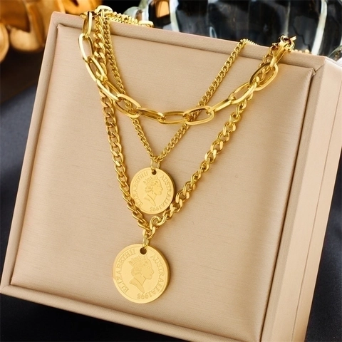 Collana con Pendente a Moneta in Acciaio Inossidabile Multistrato Vintage di Moda Collane a Strati Oro Ritratto Elizabeth II Donna