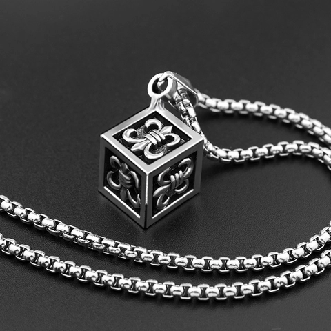 Hip Hop Cube Pendant Necklace Vintage Fleur De Lis Design Titanium Steel Alloy Chain Retro Jewelry For Men Women Accessory
