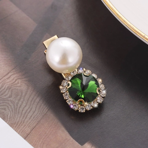 Fermaglio per Capelli in Lega di Lusso con Grande Perla Artificiale e Strass Verdi Fermaglio a Becco d'Anatra Retro per Donna