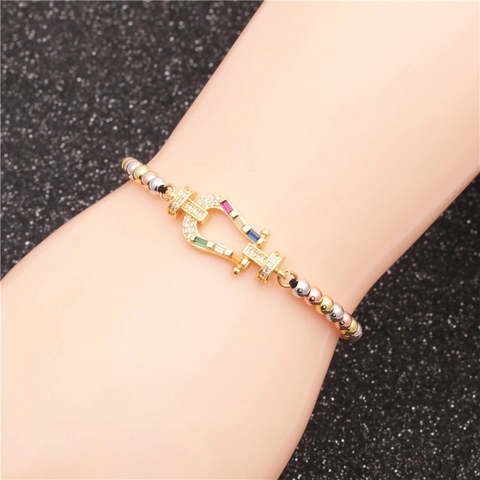 Verstellbares Perlenarmband Kupfer Zirkon Hufeisen Pfeil Fischgräte Mehrfarbige Metallperlen Trendy Boho Schmuck Damen