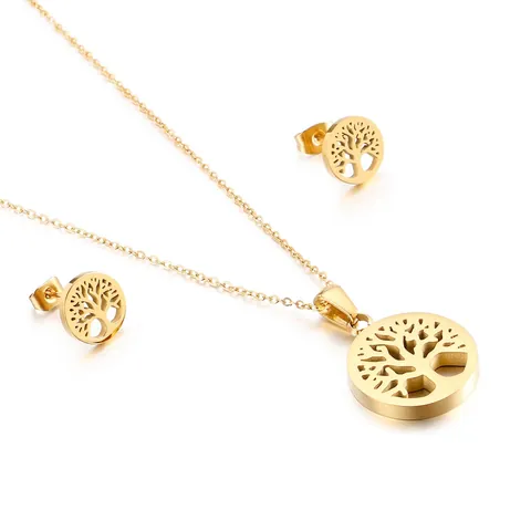 Albero Della Vita Collana E Orecchini Acciaio Inossidabile Ciondolo Tondo Cavo Accessori Gioielli Moda Donna