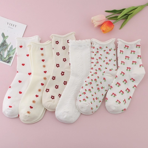 Women Mid-Calf Cotton Socks Sweet Heart Floral Pattern Ruffle Cuff Breathable Summer Fashion Crew Socks
