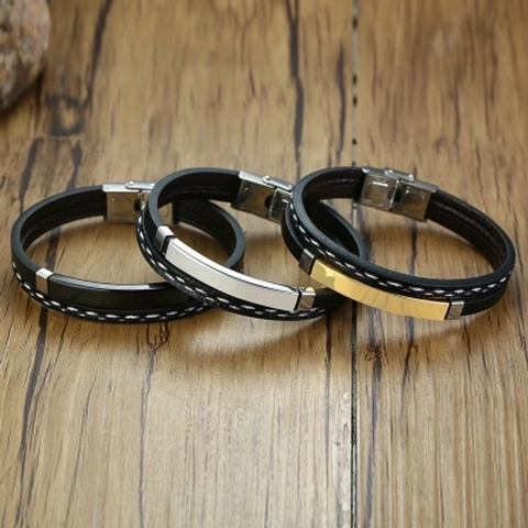 Pulsera Trenzada Para Hombre Cuero PU Alta Calidad Y Acero Inoxidable Pulido Placa Curvada Chapado IP Muñequera