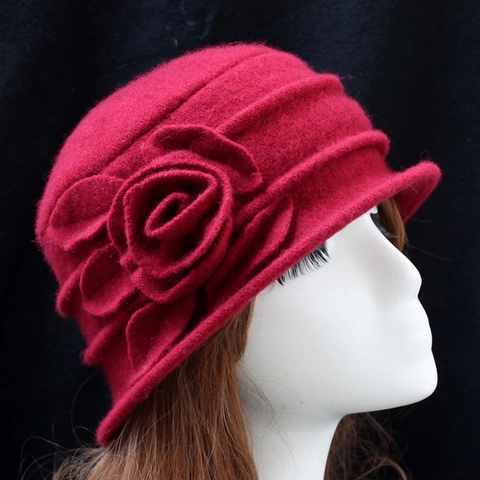 100% Wolle Vintage Elegant Blume Glockenhut Damen Mittleres Alter Winter Warm Filzhut Britischer Stil Mutter Hut