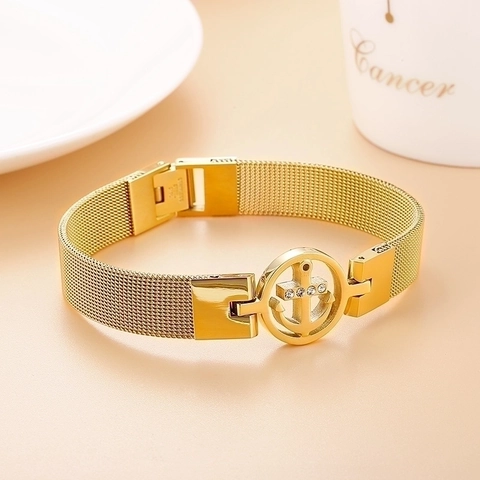 Bracciale in Maglia Milanese con Ancora in Acciaio Inossidabile per Donna Cinturino a Forma di Cinturino con Strass Intarsiati Gioielli
