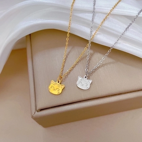 Cute Cat Face Pendant Necklace Titanium Steel Gold Plated Clavicle Chain Minimalist Sweet Jewelry For Women