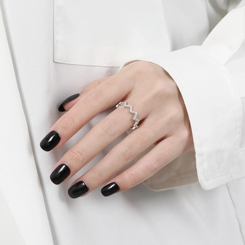 S925 Sterling Silver Wave Zirconia Ring For Women Simple Fashion Geometric EKG Heartbeat Ripple Adjustable Open Finger Ring Jewelry