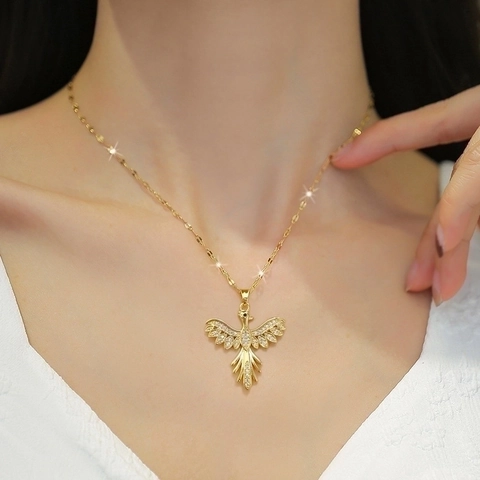 Luxus Phönix Anhänger Halskette Funkelnde Strass Kupfer Vogel Charme Mit Edelstahl Kette Für Damen Schmuck