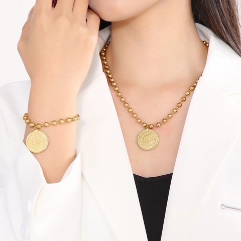 Medaglia San Benedetto Ritratto Religioso Acciaio Inossidabile Collana A Sfere E Bracciale Gioielli Di Moda Vintage Donne